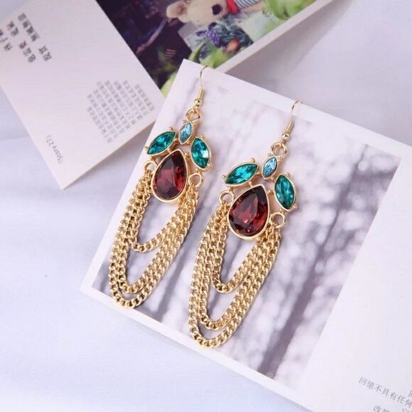 Red Green Crystal Floral Leaf Chain Gold Hook Dangle Statement Earrings - Picture 10 of 10